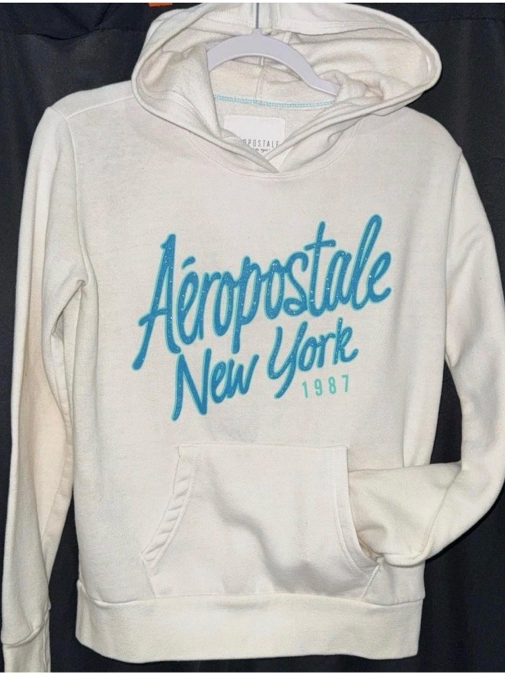 Aeropostale Women's Cream Hoodie with Teal Script Logo